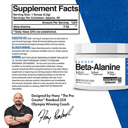 Evogen Beta Alanine Powder Performance Enhancer | Boost Endurance, Delay Fatigue 60 Servis