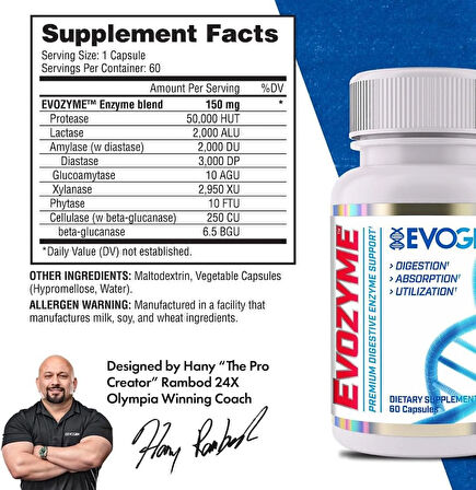 Evogen Evozyme Digestive Enzymes Enzymes Digestion Absorption Nutrient Utilization Support 60 Caps