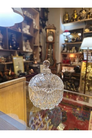 Vintage Kesme Kristal Kapaklı Şekerlik / Lokumluk