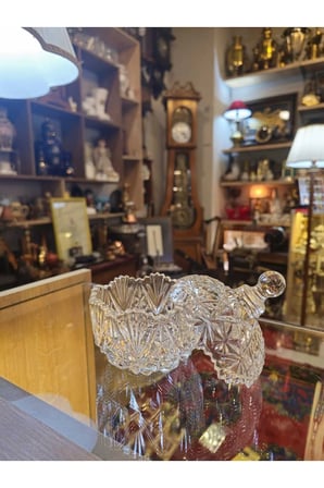 Vintage Kesme Kristal Kapaklı Şekerlik / Lokumluk