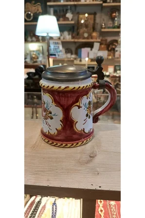 Vintage Seramik Kapaklı Kupa / Bardak – El Boyama