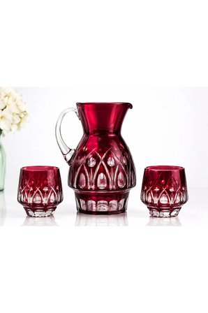 VINTAGE KIRMIZI KESME KRİSTAL SÜRAHİ VE BARDAK TAKIMI