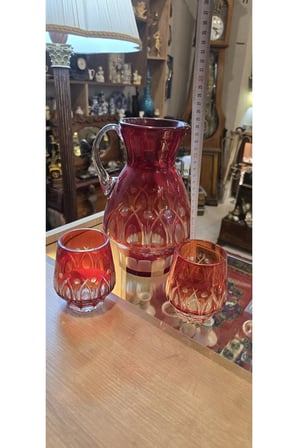 VINTAGE KIRMIZI KESME KRİSTAL SÜRAHİ VE BARDAK TAKIMI