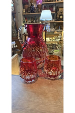 VINTAGE KIRMIZI KESME KRİSTAL SÜRAHİ VE BARDAK TAKIMI