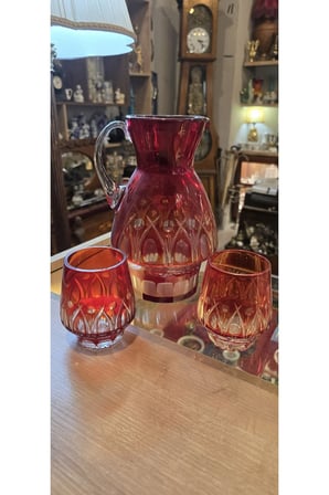VINTAGE KIRMIZI KESME KRİSTAL SÜRAHİ VE BARDAK TAKIMI