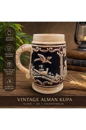 Vintage Alman Tarzı Seramik Bira Kupası – Kabartma Desenli Bardak