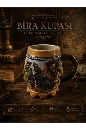 VINTAGE SERAMİK BİRA KUPASI – KABARTMALI KOLEKSİYONLUK ANTİK GÖRÜNÜMLÜ