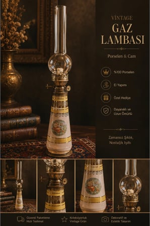 Vintage Porselen Gaz Lambası – Romantik Figürlü Dekoratif Antika Tasarım