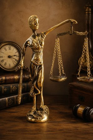 Pirinç Adalet Tanrıçası (Lady Justice) Heykeli – Vintage Dekoratif Terazi Biblosu
