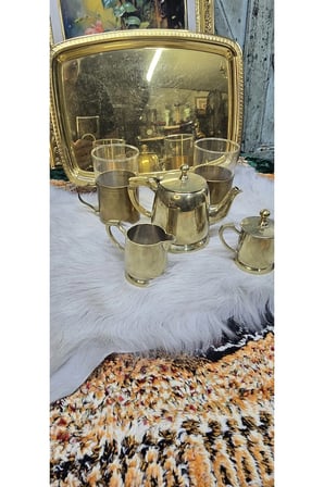 Vintage Pirinç Kaplama Çay/Kahve Servis Seti – Tepsi Dahil 6 Parça