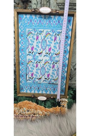 Cam Üstü El Boyama Vintage Servis Tepsisi – Osmanlı Çini Desenli Dekoratif Tepsi