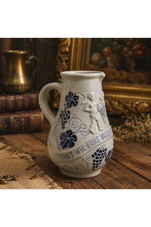 Antika Alman Seramik Sürahi – Kabartmalı Üzüm Desenli Vintage Dekoratif Testi