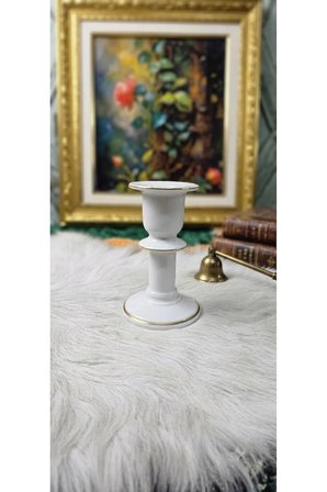 Altın Yaldız Detaylı Vintage Beyaz Porselen Şamdan / Mumluk