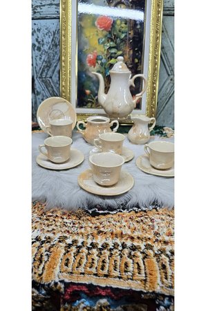 Koleksiyonluk Antika Porselen Kahve & Çay Seti (Luster Glaze / Yanar Döner Parıltılı)