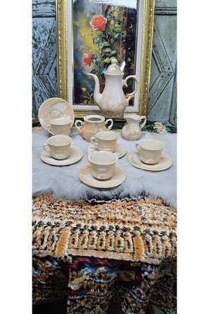 Koleksiyonluk Antika Porselen Kahve & Çay Seti (Luster Glaze / Yanar Döner Parıltılı)