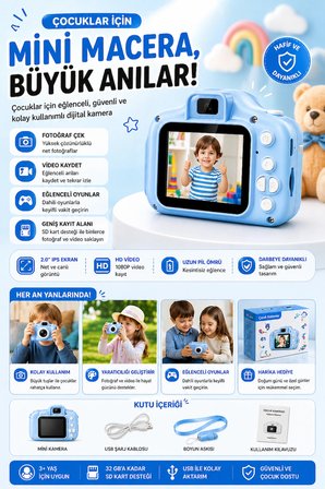 Çocuk Dijital Fotoğraf Makinesi | HD Kamera | Video Kayıt Özellikli | Eğitici ve Eğlenceli Oyuncak Kamera | Çocuklar İçin