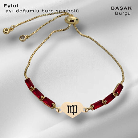 Sonbaharın Romantik Atmosferini Yansıtan Kalp Motifli Kırmızı Taşlı 14 Ayar Altın Plakalı Eylül Bilekliği