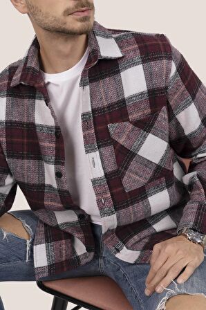 Kiraz Beyaz Geçişli Oversize Kalın Oduncu Gömlek