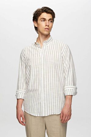 Slim Fit Vizon Çizgili Düğmeli Yaka %100 Pamuk Flamlı Yazlık Keten Görünümlü Gömlek 0HC02ORT06265