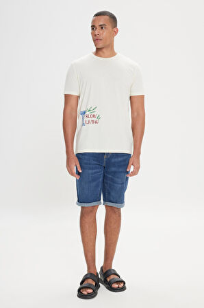 Standart Fit Normal Kesim %100 Pamuk Baskılı Bisiklet Yaka Tişört