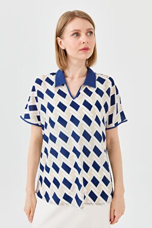 Kadın Polo Yaka Kare Desenli T-shirt Lacivert
