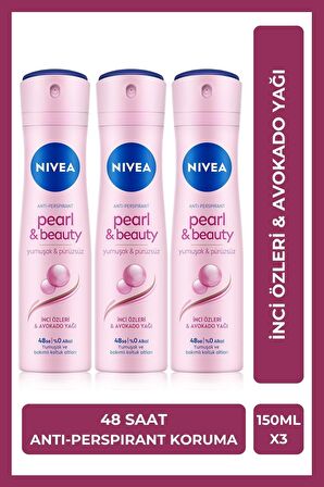 Nivea Kadın Sprey Deodorant Pearl&Beauty 150ml, 48 Saat Anti-perspirant Koruma, X3 Adet