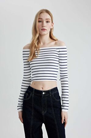 DeFacto Slim Fit Dar Kesim Çizgili Açık Omuz Triko Kazak B7573AX24SPNV31