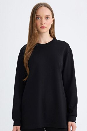 DeFacto Regular Fit Bisiklet Yaka Basic Düz Siyah Sweatshirt Tunik D4598AX24AUBK81