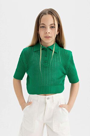 DeFacto Kız Çocuk Crop Polo Yaka Triko Kazak C5369A824SMGN319