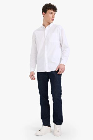 DeFacto %100 Pamuk Regular Fit Polo Yaka Oxford Basic Düz Uzun Kollu Beyaz Gömlek A8028AX25SPWT34