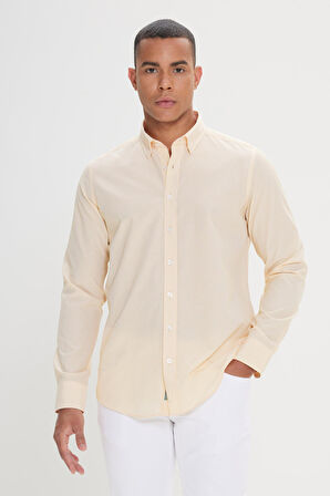 Slim Fit Dar Kesim Gizli Düğmeli Yaka Pamuklu Çizgili Gömlek