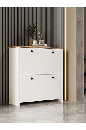 Kuzeylife Shiva Ayakkabılık  4 Kapaklı 4 Raflı Çok Amaçlı Dolap Beyaz-Safir Meşe