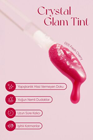 Yapışkanlık Hissi Vermeyen Yoğun Işıltılı Tint Clio Crystal Glam Tint (05 Fresh Cherry)