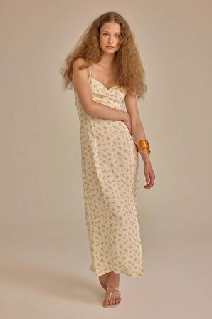 DeFacto Kalp Yaka Çiçekli Maroken Askılı Midi Elbise C0960AX24SMER103