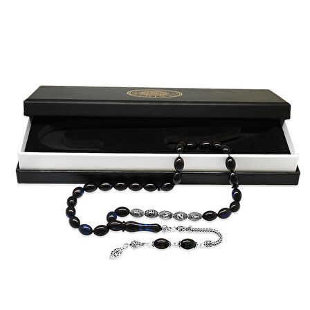 925 Ayar Gümüş Püsküllü Arpa Kesim Gümüş İsim Yazılı Mavi-Siyah Sıkma Kehribar Tesbih