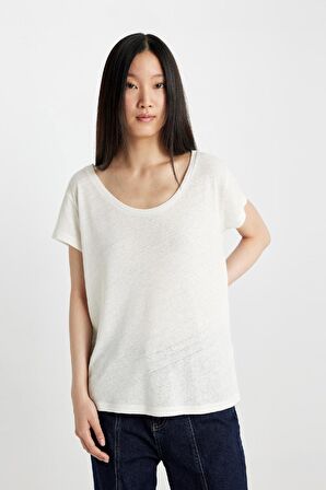 DeFacto Regular Fit Bisiklet Yaka Keten Karışımlı Basic Düz Kısa Kollu Tişört C8806AX24SMER105