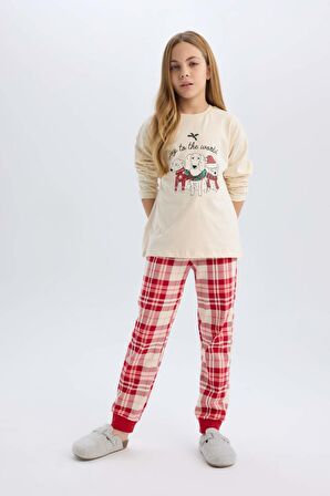 Kız Çocuk Yılbaşı Temalı Pijama Takımı Bisiklet Yaka Uzun Kollu Üst Beli Lastikli Alt