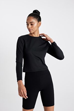 DeFactoFit Slim Fit Dar Kesim Bisiklet Yaka Baskılı Sporcu Uzun Kollu Tişört C8366AX24HSBK81