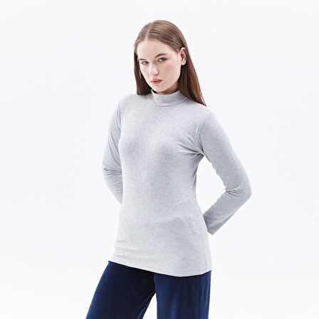 Kadın Dik Yakalı Fitilli Uzun Kollu Tişört