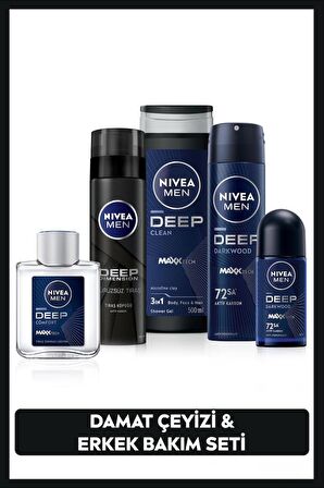 NIVEA MEN Erkek Damat Çeyiz Seti, Duş Jeli 500ml, Deodorant 150ml, Roll-on 50ml, Tıraş Köpüğü 200ml, Tıraş Sonrası Losyon100ml