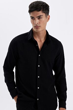 DeFacto Siyah Modern Fit Modern Kesim Polo Yaka Düz Pamuklu Uzun Kollu Gömlek D1629AX24AUBK81