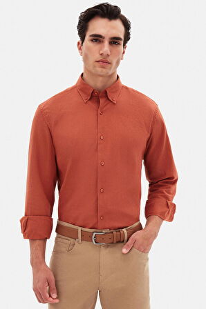 Ds Damat Comfort Kiremit Düğmeli Yaka Rahat Kesim Keten Görünümlü %100 Pamuk Gömlek