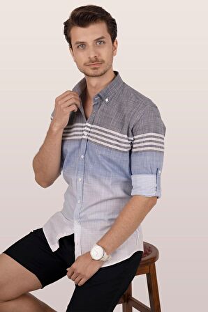 Panolu Gri Mavi Slimfit Keten Gömlek