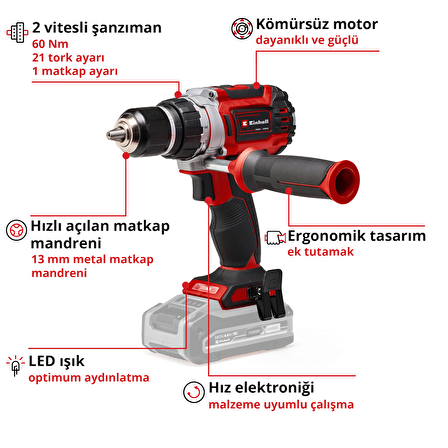 Einhell Professional Akülü Vidalama TP-CD 18/60 Li BL - Solo Power X-Change (Li-Ion, 18 V, kömürsüz motor, 13 mm metal mandren, 2 vitesli şanzıman, akü ve şarj cihazı dahil değildir) - 4514210