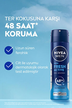 MEN Erkek Sprey Deodorant Fresh Active 150ml, Ter Kokusuna Karşı 48 Saat Koruma, Uzun Süre Ferahlık