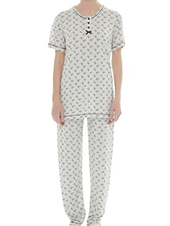 Kadın Desenli Bambu %100 Pamuk Yazlık Kısa Kol Pijama Takımı-Geniş Kesim Anne Kalıp