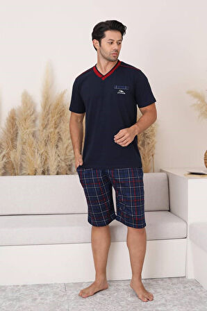 Erkek V Yaka Düğmesiz Ekose Desen Kısa Kol Cepli Şortlu %100 Pamuk Pijama Takımı