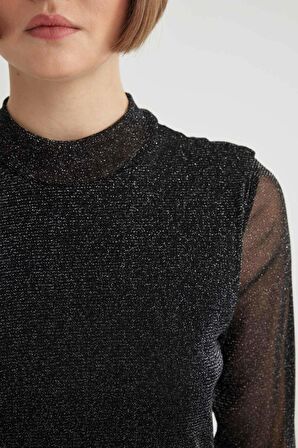 DeFacto Bodycon Vücudu Saran Basic Düz Yarım Balıkçı Yaka Uzun Kollu Tül Midi Elbise B6668AX23WNBK81