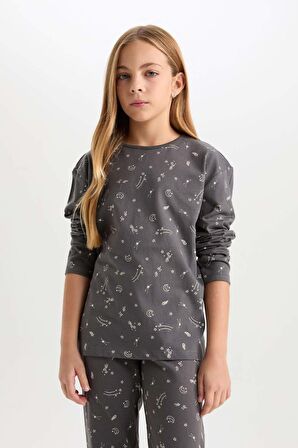 DeFacto Kız Çocuk Pijama Takımı Desenli Uzun Kollu Üst Beli Lastikli Uzun Alt D6654A824WNAR126