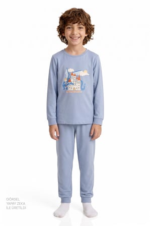 Erkek Çocuk Mavi Mini Dragon Riders Pamuklu Uzun Kollu 2'li Pijama Takımı